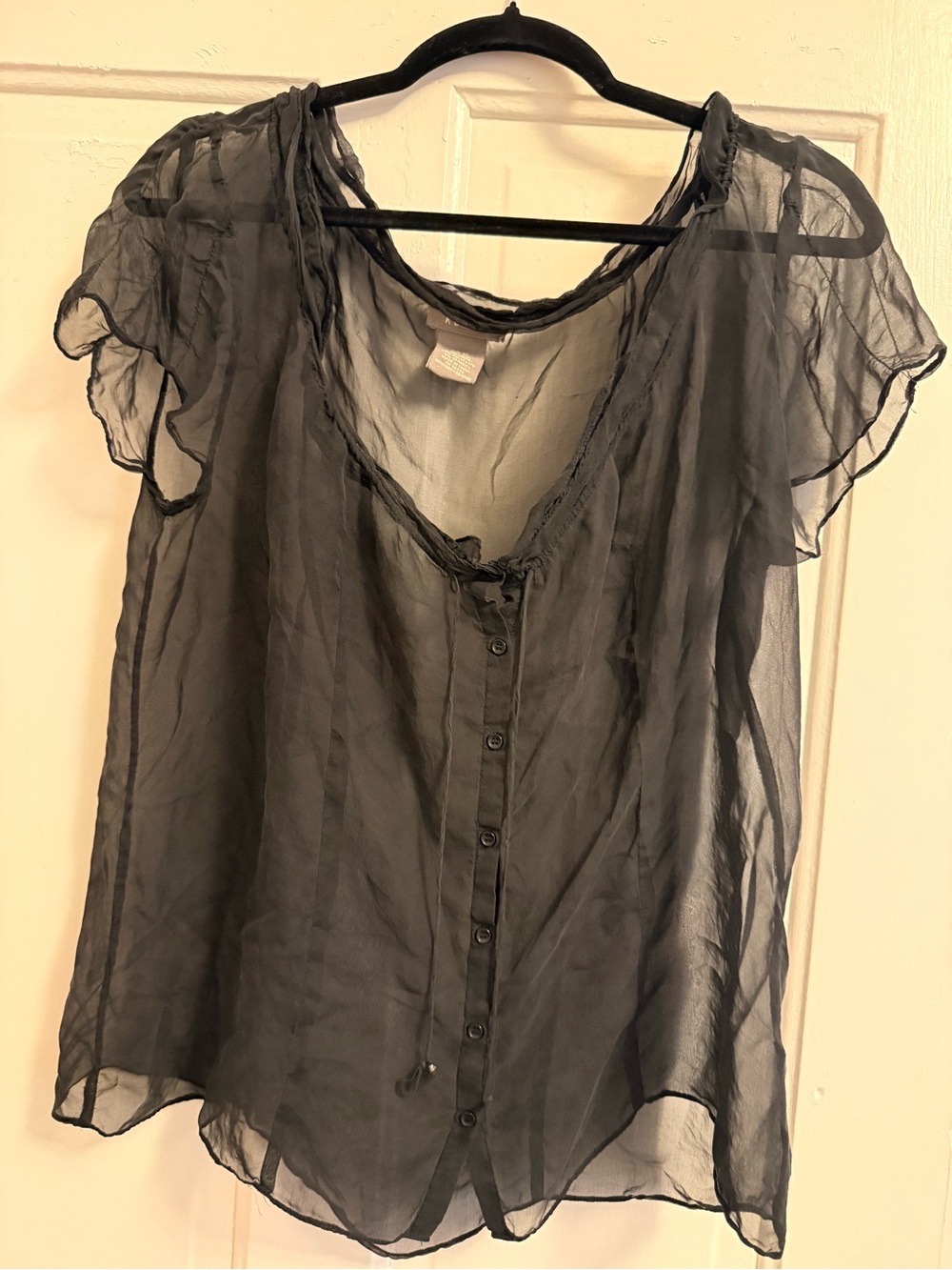 Vintage 100% Silk Kenar Sheer Black Button-Front Blouse
